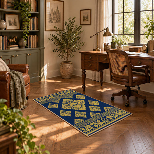 Navy and gold geometric mosaic rug in a warm living room