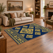 Detailed navy geometric area rug with gold ornamental pattern