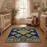Vintage geometric rug shown from an angled room view