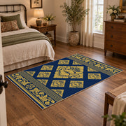 Soft faux velvet rug with navy and gold tile motif