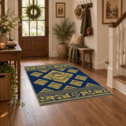 Close view of the ornate geometric rug pattern