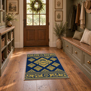 Gold accented geometric carpet in a cozy interior