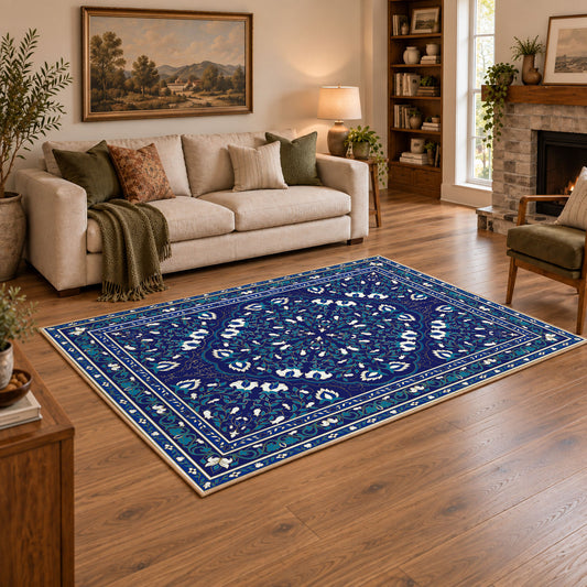 blue blue floral medallion area rug, warm living room view