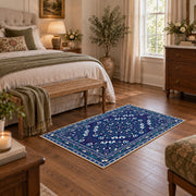 blue blue floral medallion area rug, cozy home setting