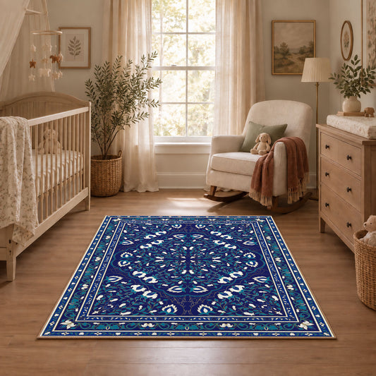 blue blue floral medallion area rug, angled room view
