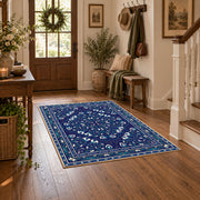 blue blue floral medallion area rug, wood floor styling