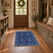 blue blue floral medallion area rug, front room mockup