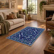 blue blue floral medallion area rug, ornamental detail view