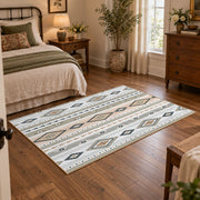 gray neutral tribal geometry area rug, warm living room view