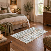 gray neutral tribal geometry area rug, cozy home setting
