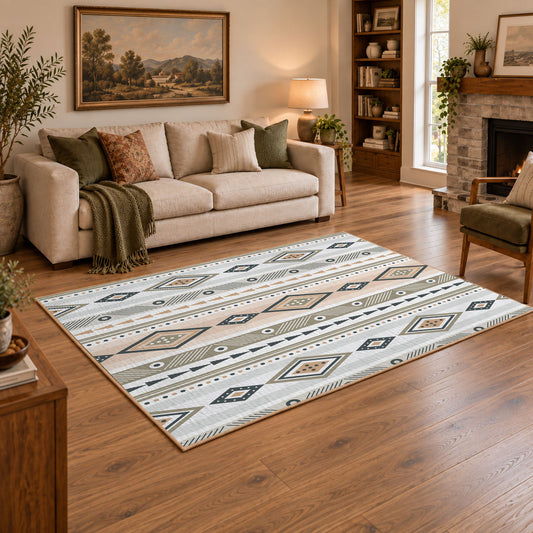 gray neutral tribal geometry area rug, angled room view