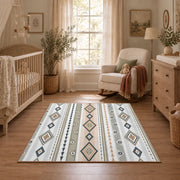 gray neutral tribal geometry area rug, full pattern view