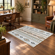 gray neutral tribal geometry area rug, soft surface detail