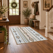 gray neutral tribal geometry area rug, wood floor styling
