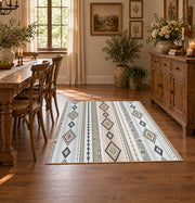gray neutral tribal geometry area rug, close decorative detail