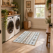 gray neutral tribal geometry area rug, wide interior view