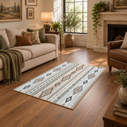 gray neutral tribal geometry area rug, ornamental detail view