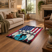 red white and blue patriotic elephant and flag motif area rug, cozy home setting