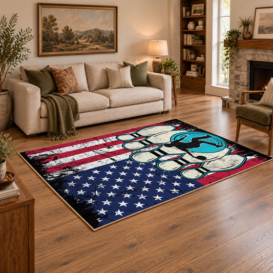red white and blue patriotic elephant and flag motif area rug, angled room view