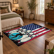 red white and blue patriotic elephant and flag motif area rug, soft surface detail