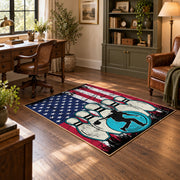 red white and blue patriotic elephant and flag motif area rug, wood floor styling