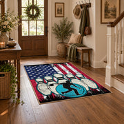 red white and blue patriotic elephant and flag motif area rug, close decorative detail