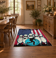red white and blue patriotic elephant and flag motif area rug, front room mockup