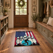 red white and blue patriotic elephant and flag motif area rug, wide interior view