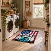 red white and blue patriotic elephant and flag motif area rug, ornamental detail view