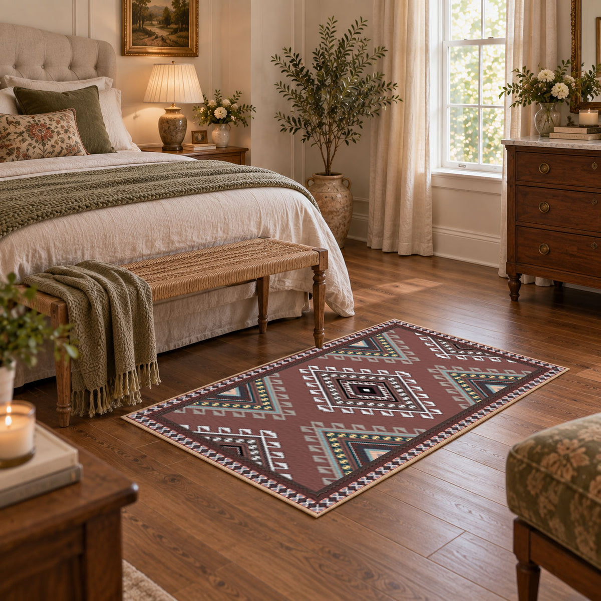 rust brown southwestern tribal diamond pattern area rug, warm living room view