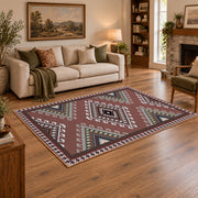 rust brown southwestern tribal diamond pattern area rug, angled room view