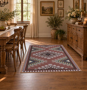 rust brown southwestern tribal diamond pattern area rug, front room mockup