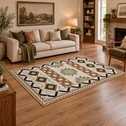 cream and black southwestern diamond pattern area rug, angled room view