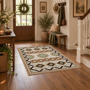 cream and black southwestern diamond pattern area rug, wood floor styling