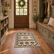 cream and black southwestern diamond pattern area rug, front room mockup