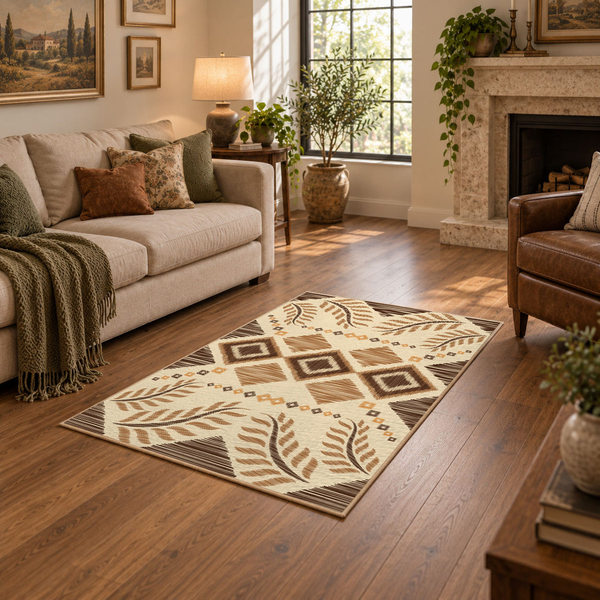 beige and brown botanical tribal pattern area rug, warm living room view