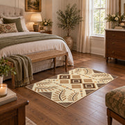 beige and brown botanical tribal pattern area rug, cozy home setting