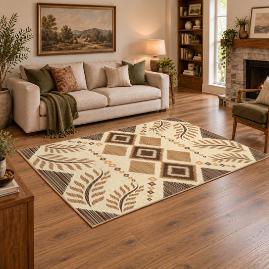 beige and brown botanical tribal pattern area rug, angled room view