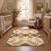 beige and brown botanical tribal pattern area rug, full pattern view