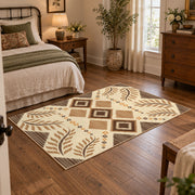 beige and brown botanical tribal pattern area rug, soft surface detail