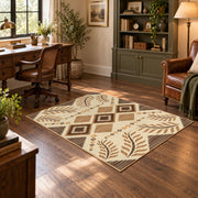 beige and brown botanical tribal pattern area rug, wood floor styling