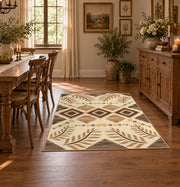 beige and brown botanical tribal pattern area rug, front room mockup