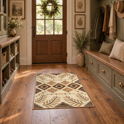 beige and brown botanical tribal pattern area rug, wide interior view
