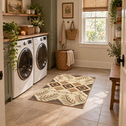 beige and brown botanical tribal pattern area rug, ornamental detail view