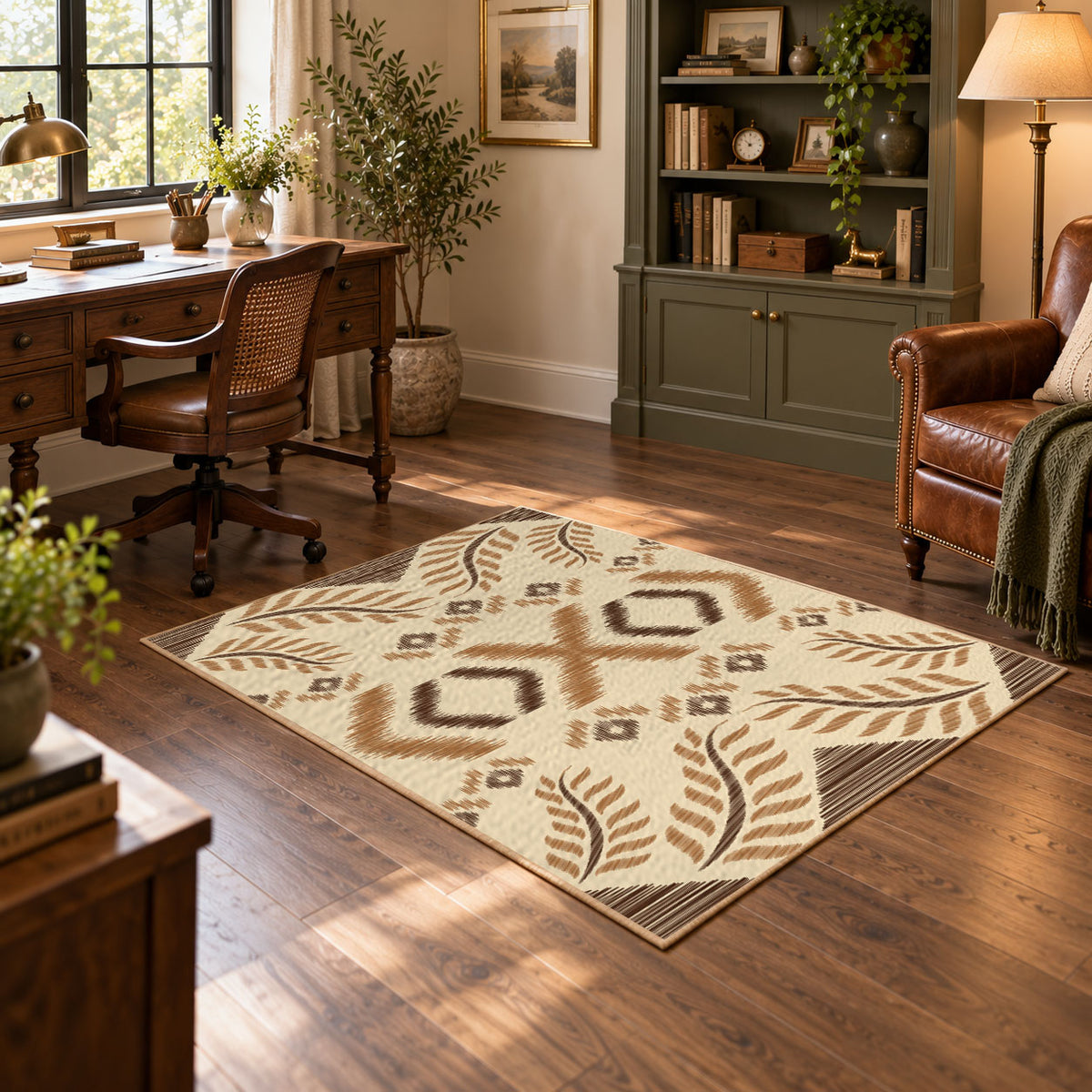 cream and tan rustic symbolic geometric pattern area rug, warm living room view