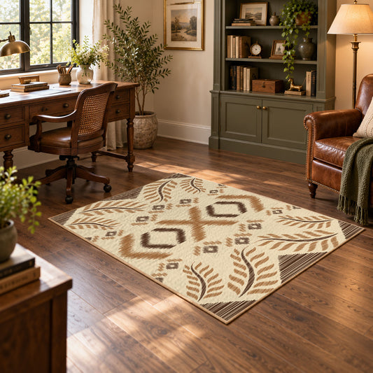 cream and tan rustic symbolic geometric pattern area rug, warm living room view
