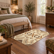 cream and tan rustic symbolic geometric pattern area rug, cozy home setting