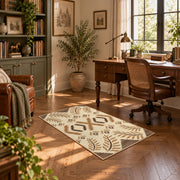 cream and tan rustic symbolic geometric pattern area rug, complete product view