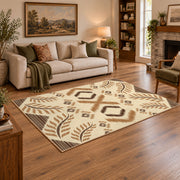 cream and tan rustic symbolic geometric pattern area rug, angled room view