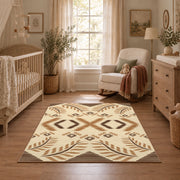 cream and tan rustic symbolic geometric pattern area rug, full pattern view